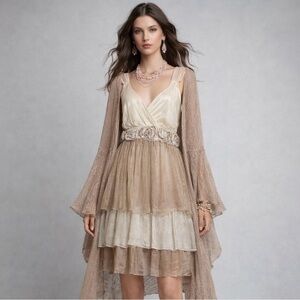 Pretty Angel Fairy Dress  Cream Tan Shimmering Tiered Boho Balletcore Mini XL